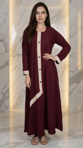 Bulk Simple Abaya With Show Buttons And Cream Band on the Front In Maroon