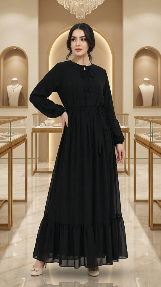Wholesale Modest Dress with Tie Up Neck in Black