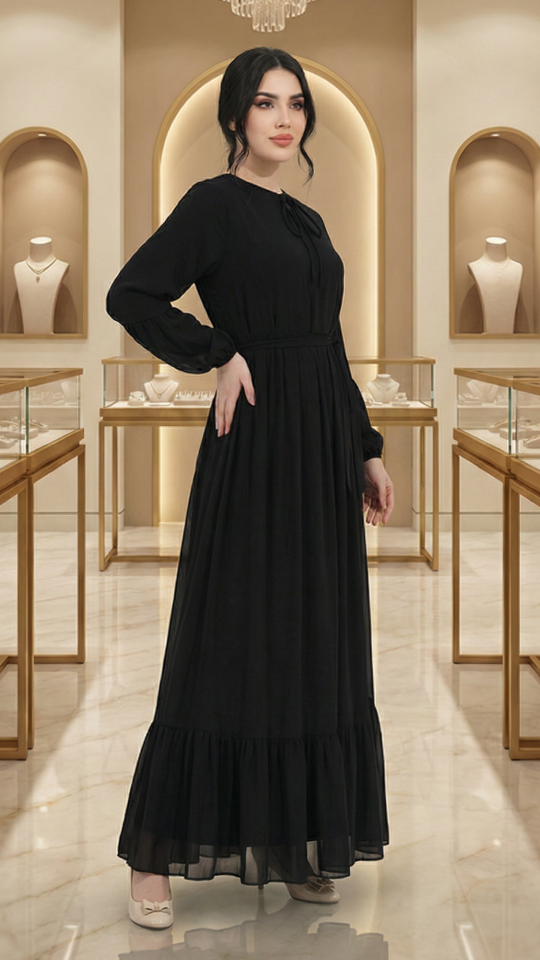 Wholesale Modest Dress with Tie Up Neck in Black