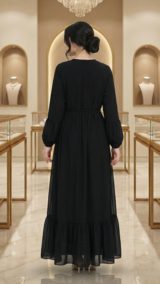 Wholesale Modest Dress with Tie Up Neck in Black