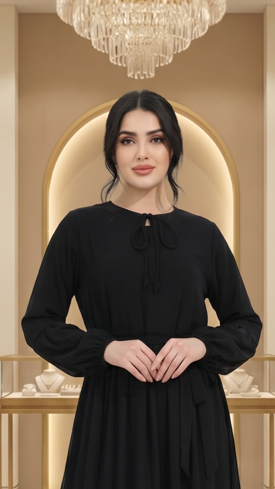 Wholesale Modest Dress with Tie Up Neck in Black