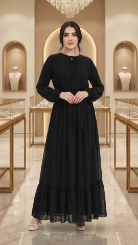 Wholesale Elegant Modest Dress with Tie Up Neck in White