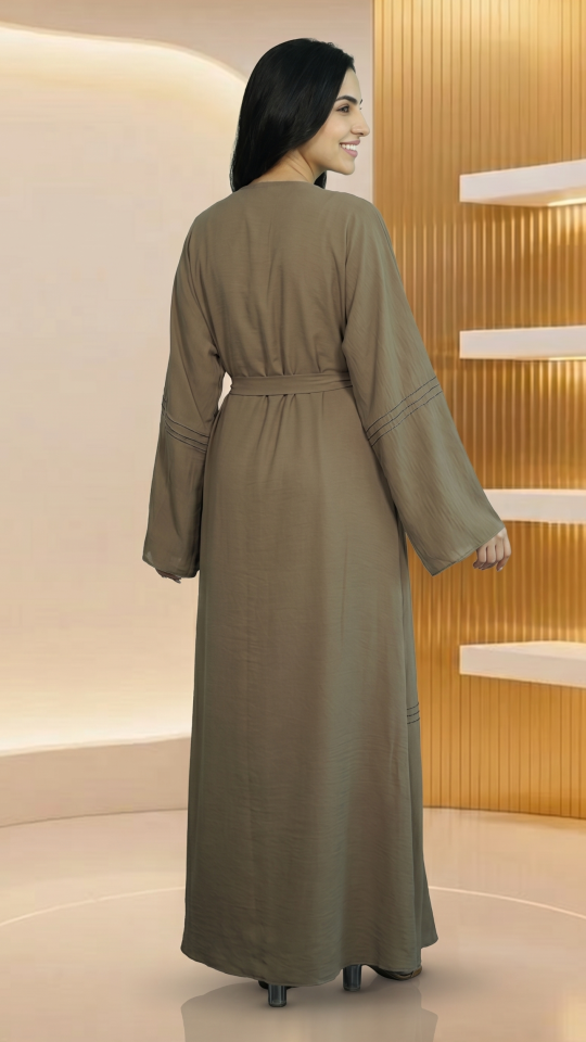 Brown and OffWhite Modest Dress with a Shrug and Show Buttons on the Front and a Belt 