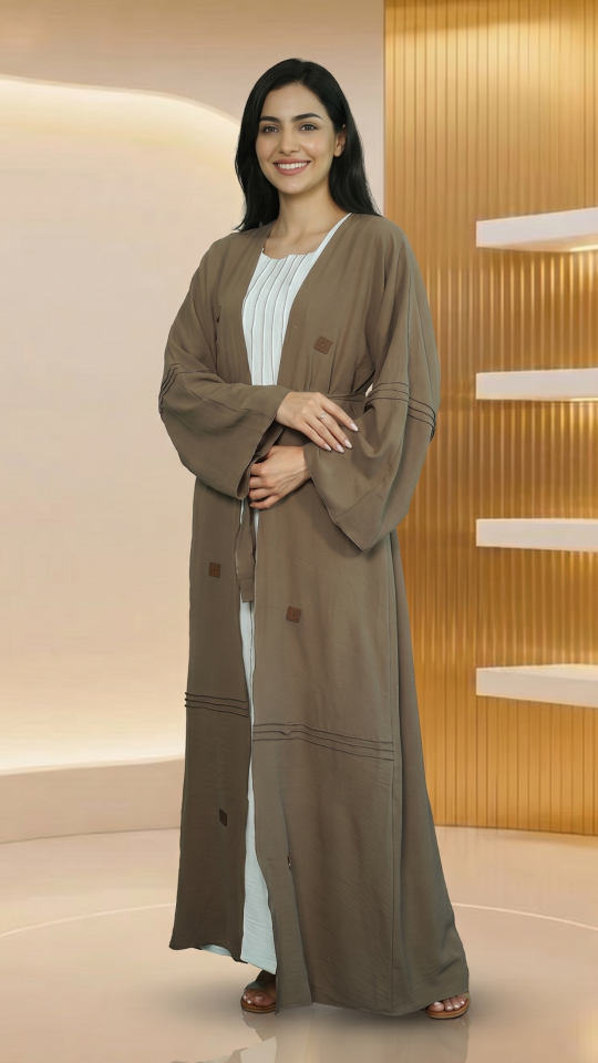 Brown and OffWhite Modest Dress with a Shrug and Show Buttons on the Front and a Belt 