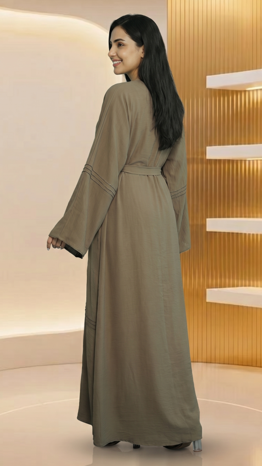 Brown and OffWhite Modest Dress with a Shrug and Show Buttons on the Front and a Belt 