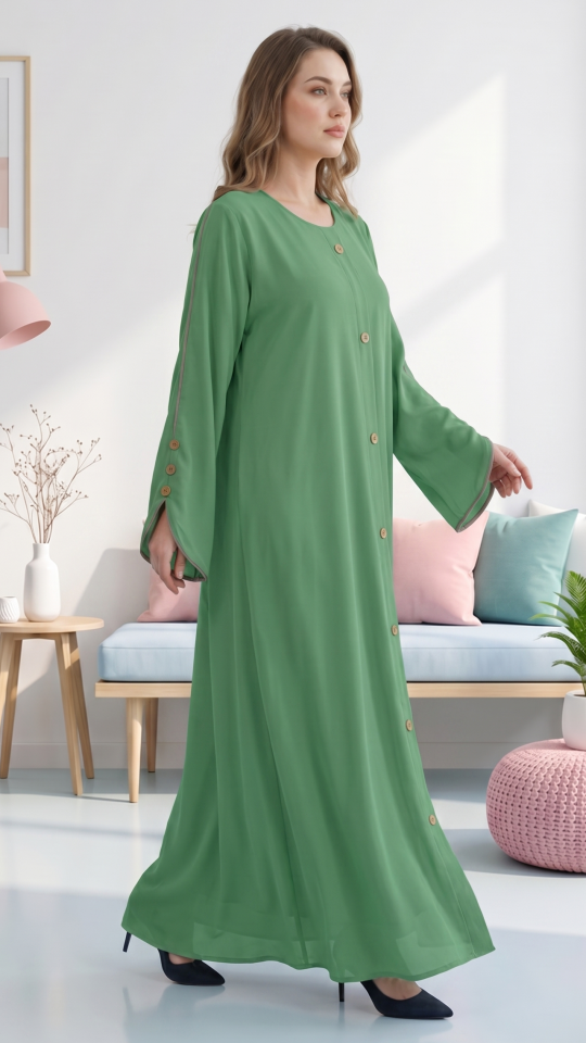 Wholesale Mint CEY Abaya With Beige Piping And Show Buttons on the Front And Sleeves 