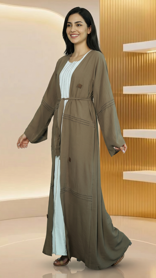Brown and OffWhite Modest Dress with a Shrug and Show Buttons on the Front and a Belt 