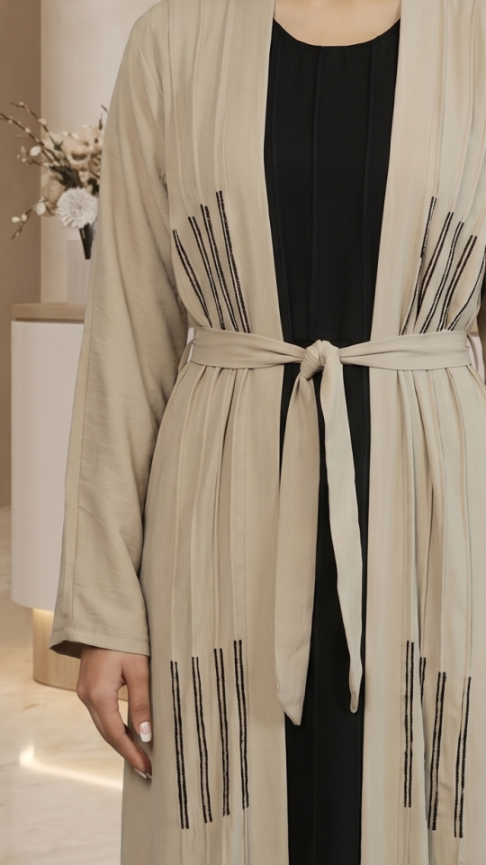 Almond and Black Modest Dress by CEY with Shrug Belt and Crystal Hand Work on Front