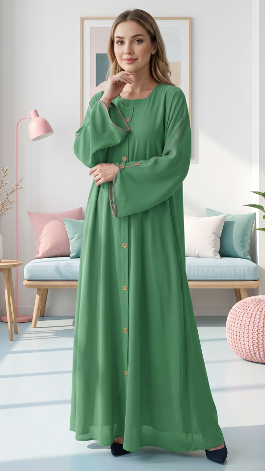 Wholesale Mint CEY Abaya With Beige Piping And Show Buttons on the Front And Sleeves 
