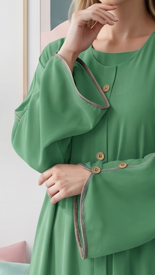 Wholesale Mint CEY Abaya With Beige Piping And Show Buttons on the Front And Sleeves 