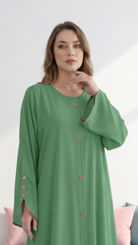 Wholesale Mint CEY Abaya With Beige Piping And Show Buttons on the Front And Sleeves 