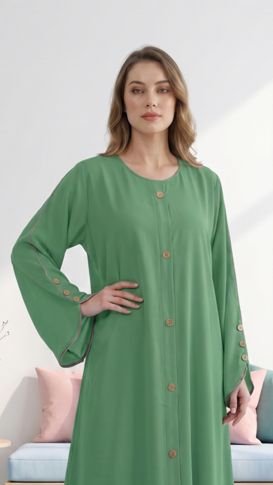 Wholesale Mint CEY Abaya With Beige Piping And Show Buttons on the Front And Sleeves 