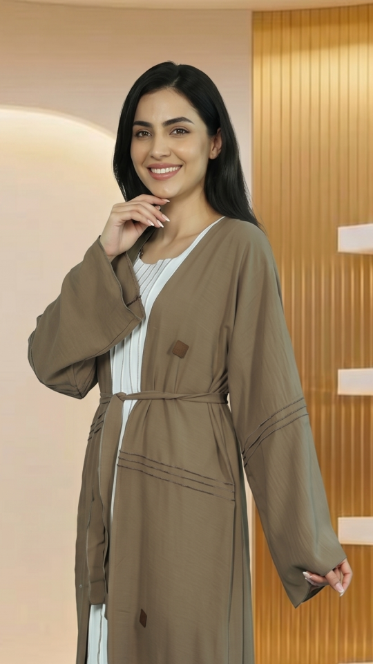 Brown and OffWhite Modest Dress with a Shrug and Show Buttons on the Front and a Belt 