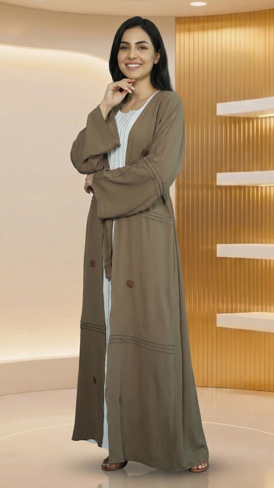 Brown and OffWhite Modest Dress with a Shrug and Show Buttons on the Front and a Belt 