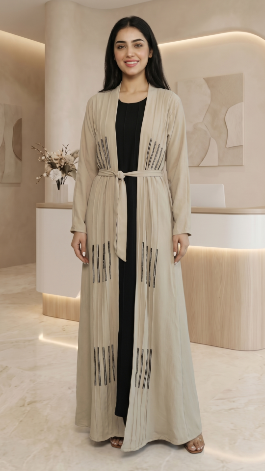 Almond and Black Modest Dress by CEY with Shrug Belt and Crystal Hand Work on Front