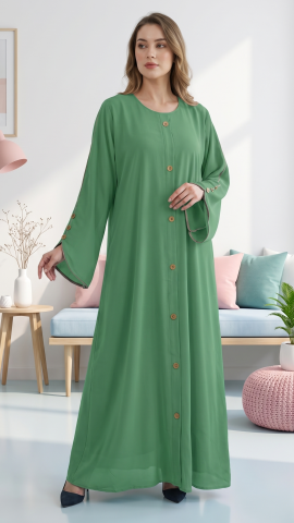 Wholesale Mint CEY Abaya With Beige Piping And Show Buttons on the Front And Sleeves 