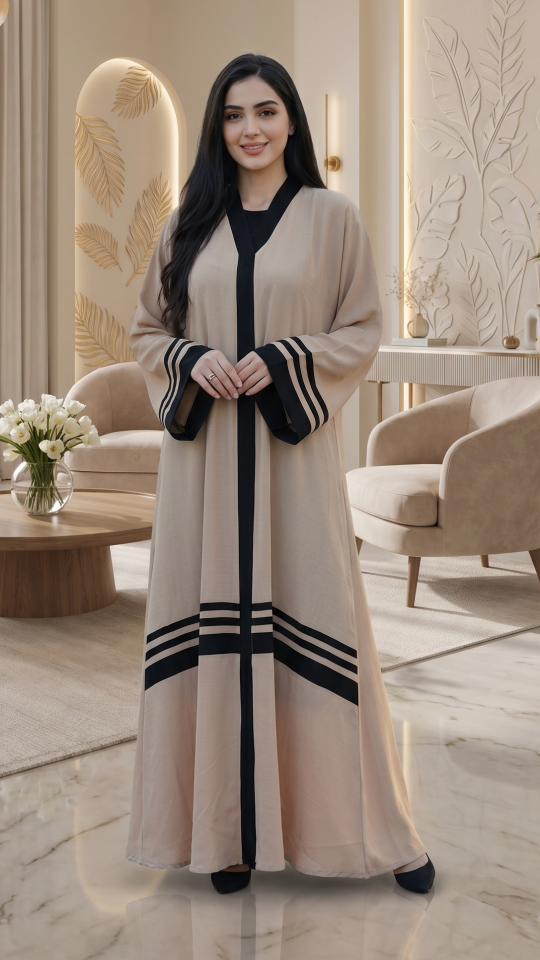 Wholesale Cream Trendy Abaya With Band Work On the Front and Sleeves