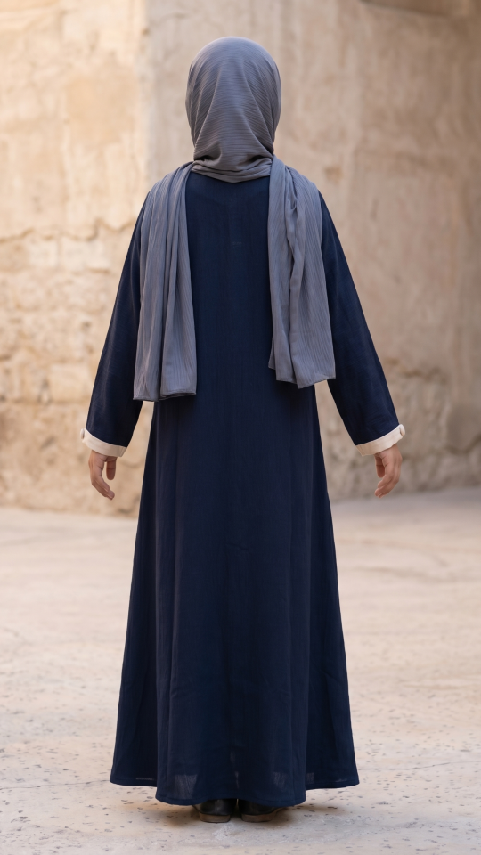 Wholesale Navy Blue and Cream Shrug Abaya for Kids with Show Buttons on the Front 