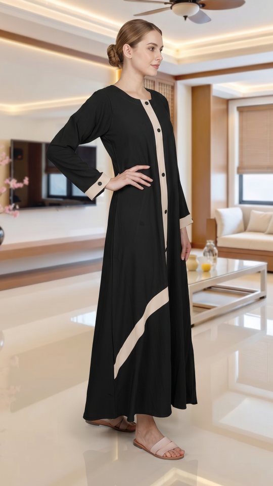 Bulk Simple Abaya With Show Buttons And Cream Band on the Front In Black