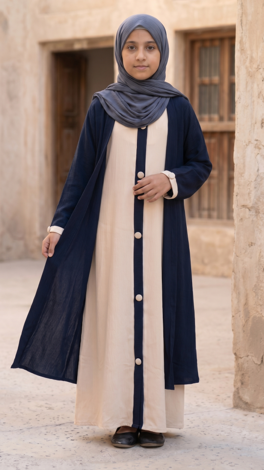 Wholesale Navy Blue and Cream Shrug Abaya for Kids with Show Buttons on the Front 