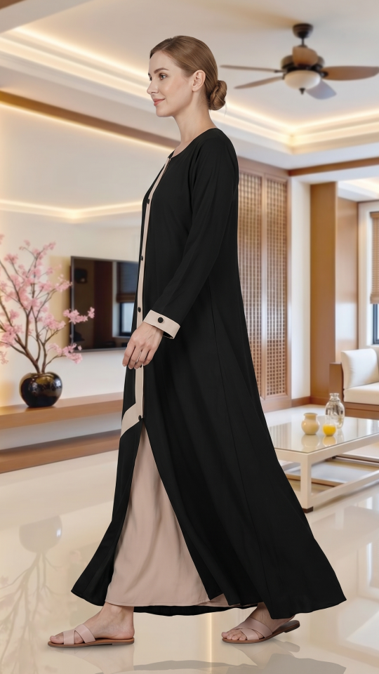 Bulk Simple Abaya With Show Buttons And Cream Band on the Front In Black