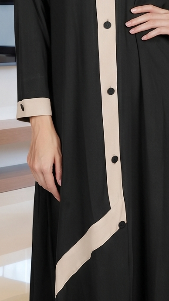 Bulk Simple Abaya With Show Buttons And Cream Band on the Front In Black