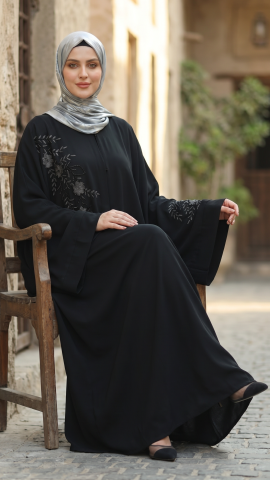 Wholesale FrontOpen Black Farasha in Nida Matte with Beads and Crystal Work