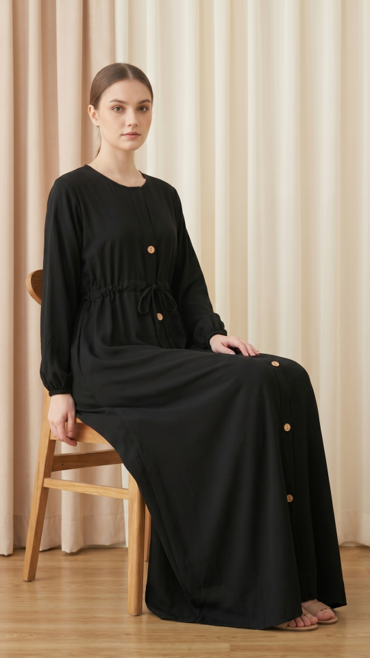 Black Modest Dress with a tieup Knot and Show Buttons on the Front 