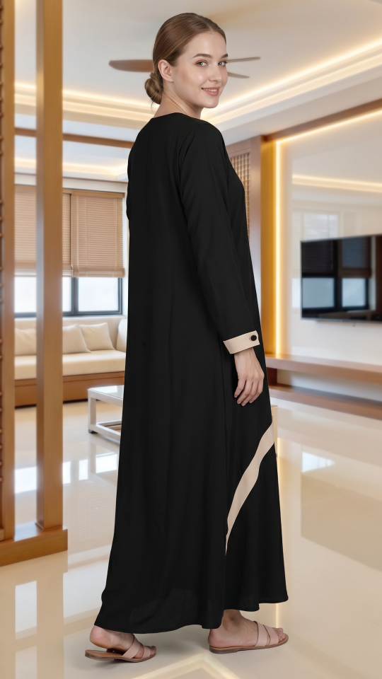 Bulk Simple Abaya With Show Buttons And Cream Band on the Front In Black