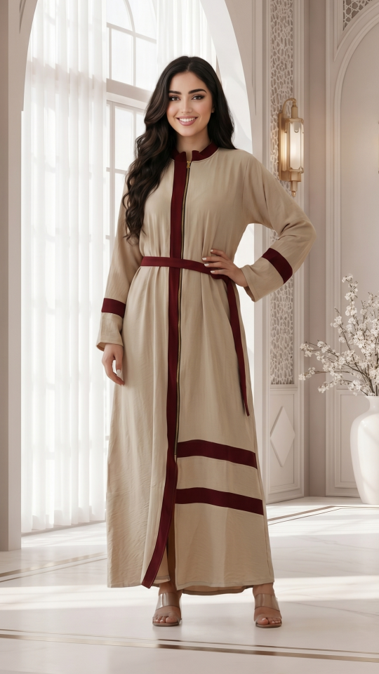 Stylish Cream CEY Modest Dress with Maroon Band Work and a Belt