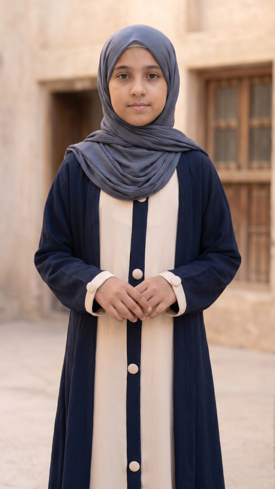 Wholesale Navy Blue and Cream Shrug Abaya for Kids with Show Buttons on the Front 