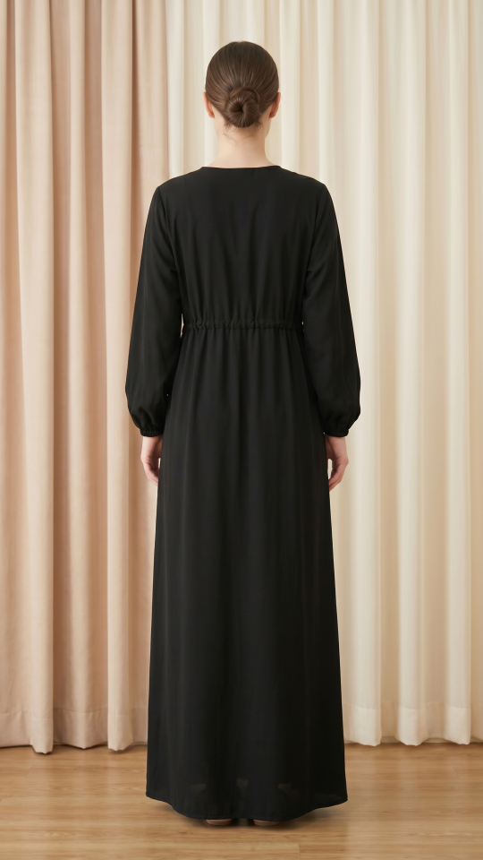 Black Modest Dress with a tieup Knot and Show Buttons on the Front 