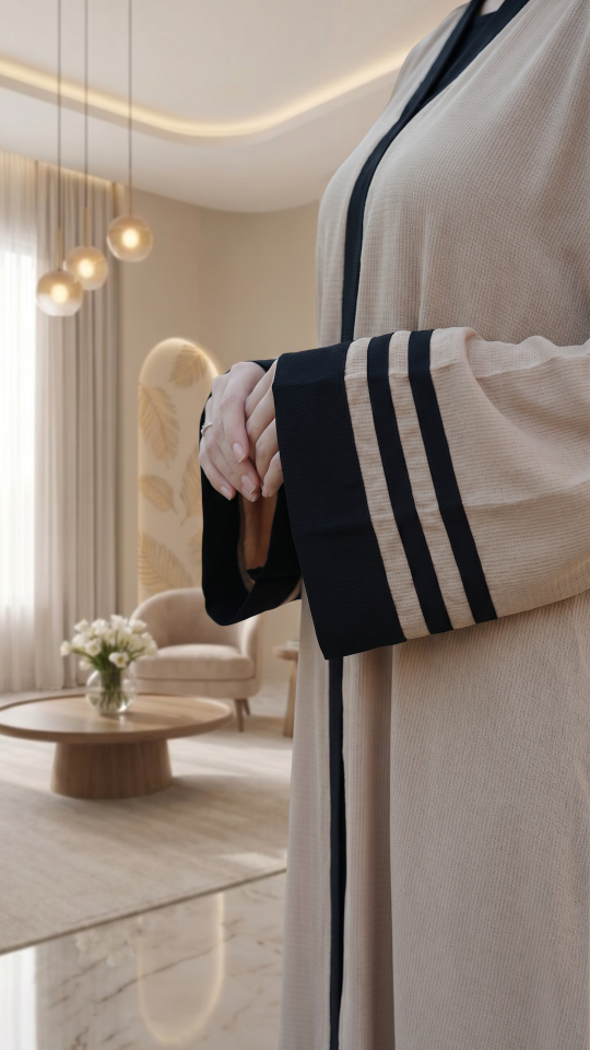 Wholesale Cream Trendy Abaya With Band Work On the Front and Sleeves