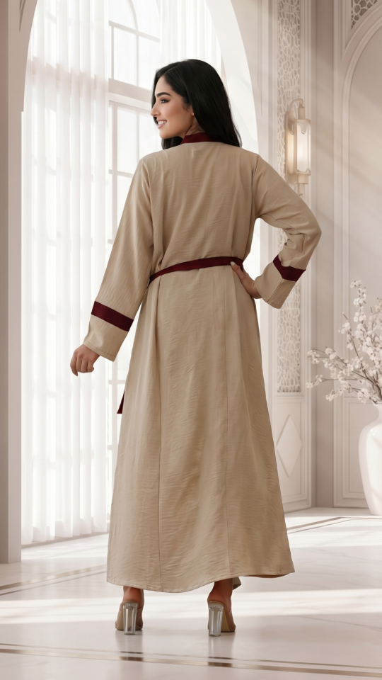 Stylish Cream CEY Modest Dress with Maroon Band Work and a Belt