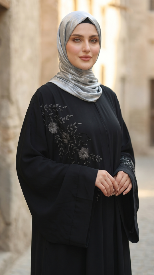 Wholesale FrontOpen Black Farasha in Nida Matte with Beads and Crystal Work