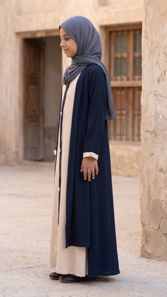 Wholesale Navy Blue and Cream Shrug Abaya for Kids with Show Buttons on the Front 