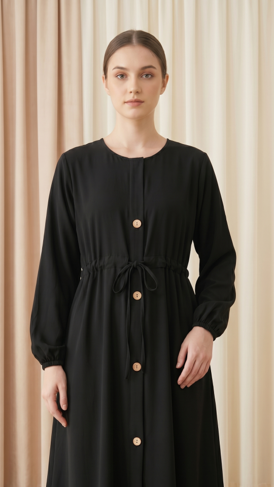 Black Modest Dress with a tieup Knot and Show Buttons on the Front 
