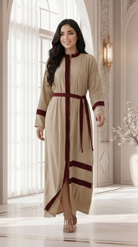 Stylish Cream CEY Modest Dress with Maroon Band Work and a Belt