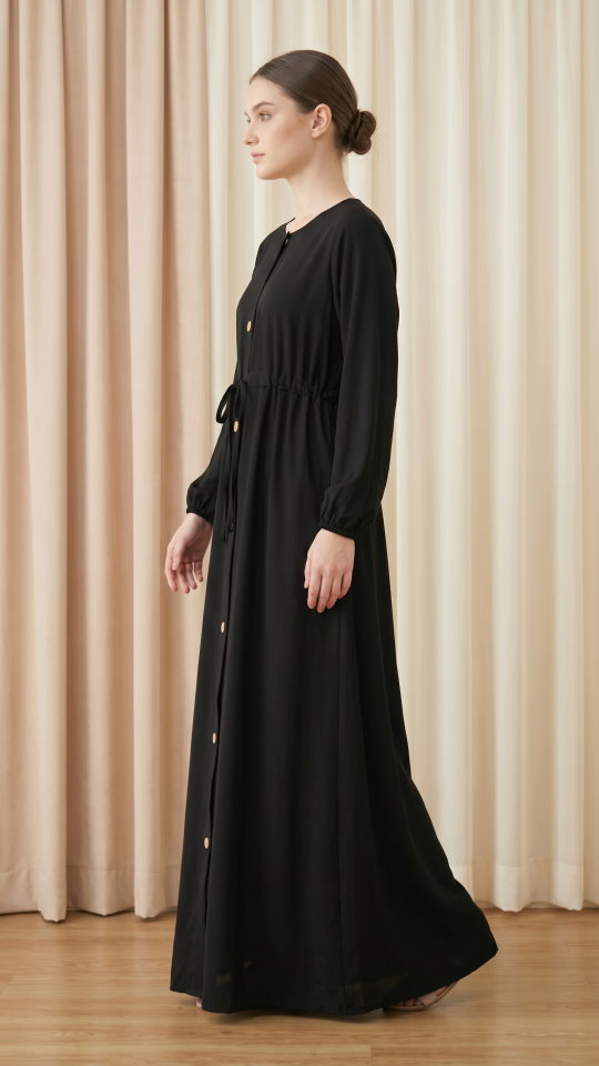 Black Modest Dress with a tieup Knot and Show Buttons on the Front 