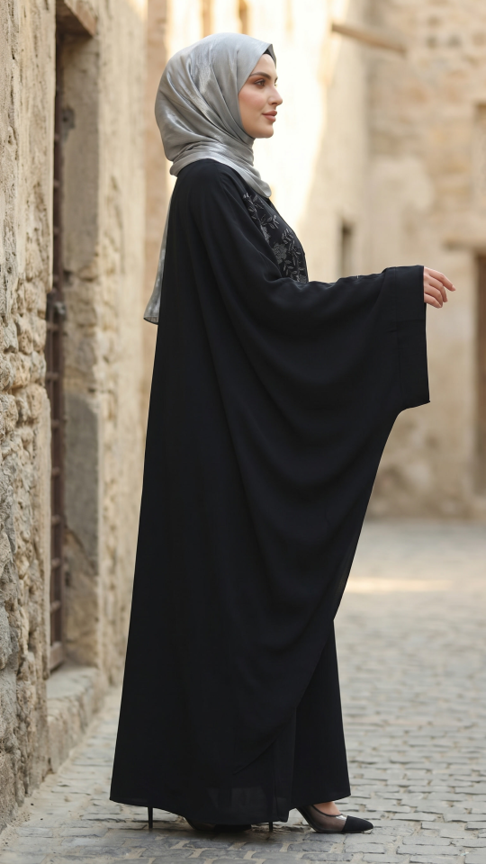 Wholesale FrontOpen Black Farasha in Nida Matte with Beads and Crystal Work