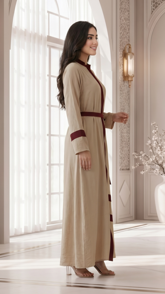 Stylish Cream CEY Modest Dress with Maroon Band Work and a Belt