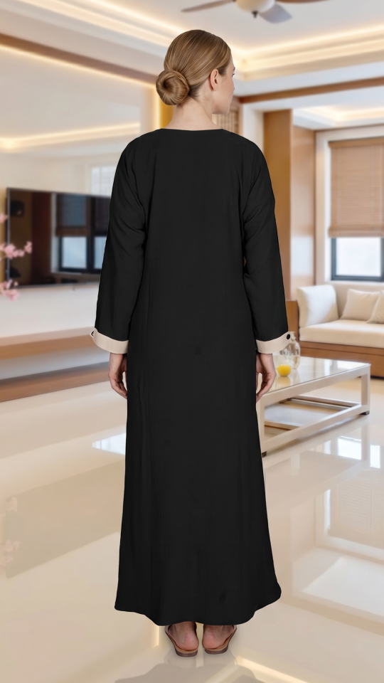 Bulk Simple Abaya With Show Buttons And Cream Band on the Front In Black