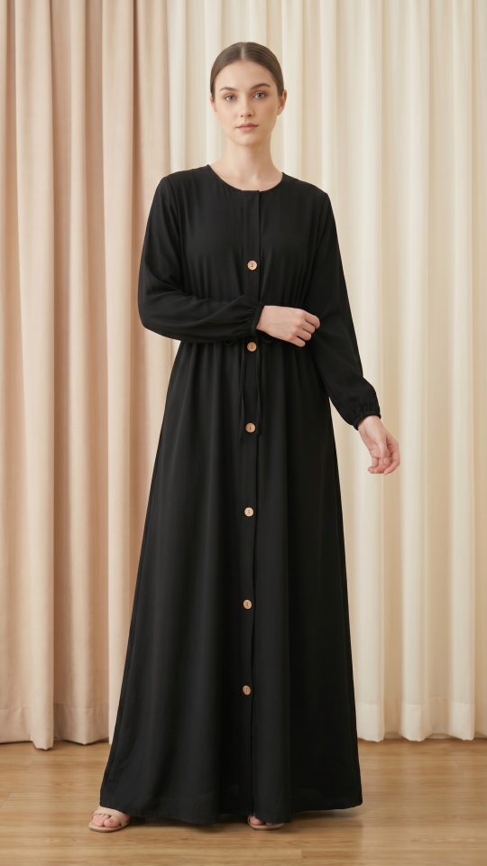 Black Modest Dress with a tieup Knot and Show Buttons on the Front 