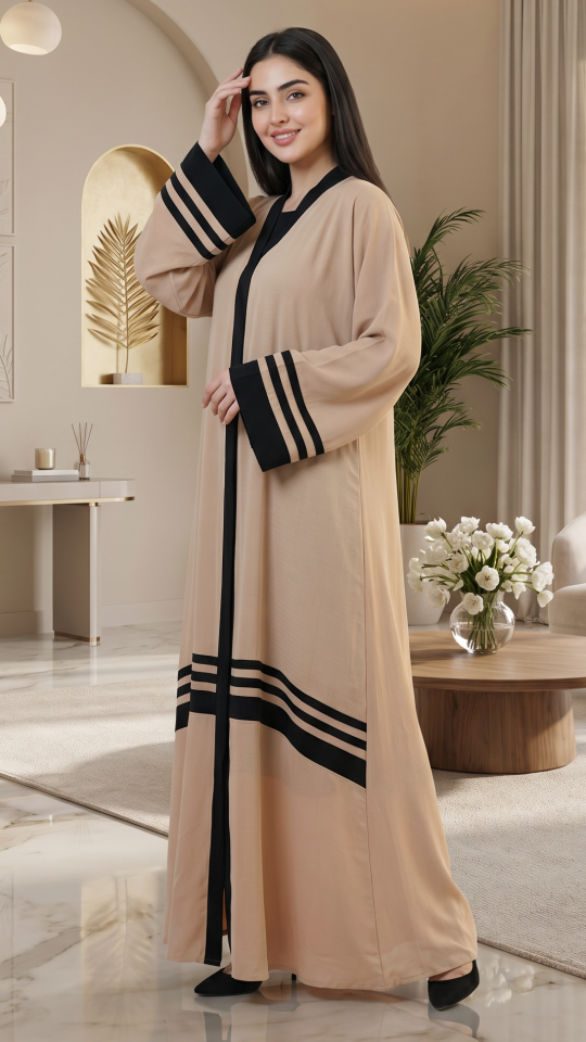Wholesale Cream Trendy Abaya With Band Work On the Front and Sleeves