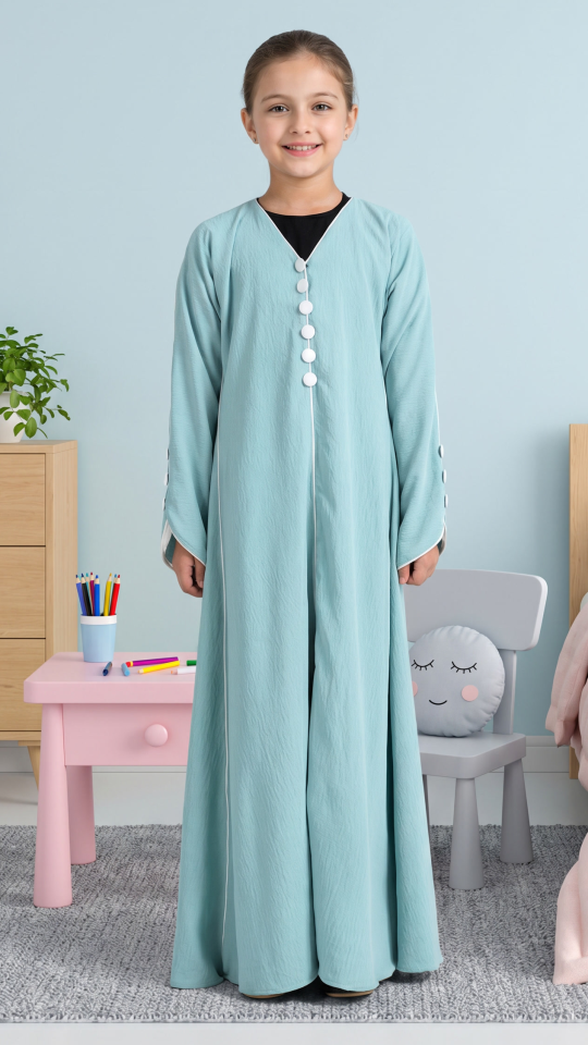 Wholesale Kids Abaya with White Piping and Show Buttons on the Front and Sleeves 