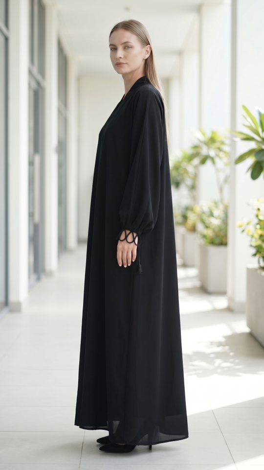 Front Open Abaya with Designed Sleeves in Black