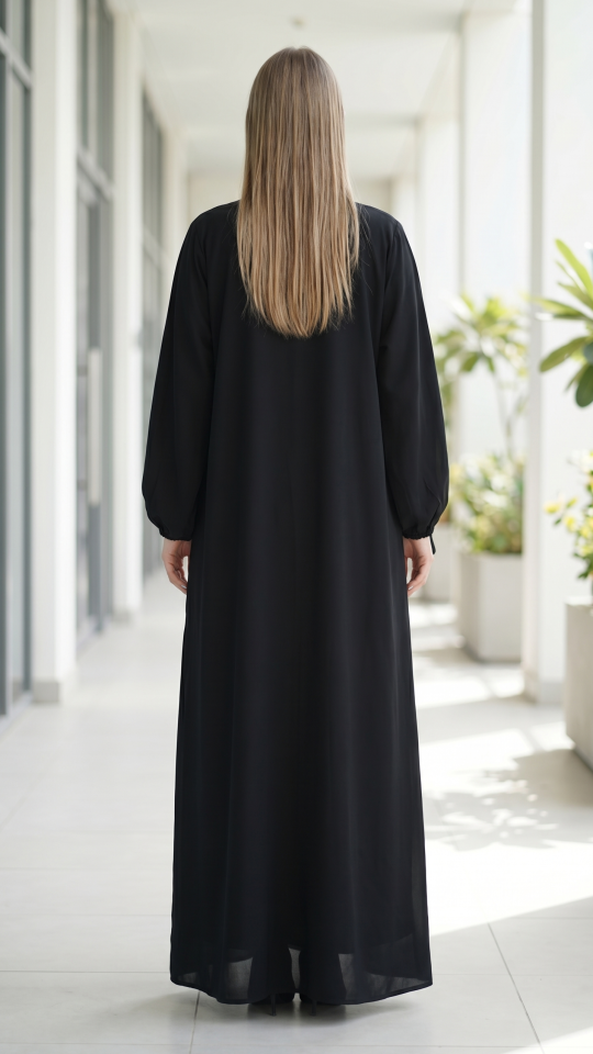 Front Open Abaya with Designed Sleeves in Black