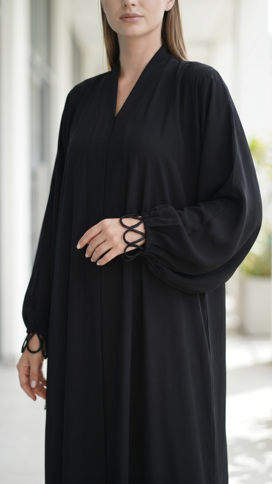 Front Open Abaya with Designed Sleeves in Black
