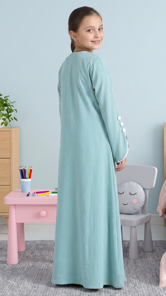 Wholesale Kids Abaya with White Piping and Show Buttons on the Front and Sleeves 