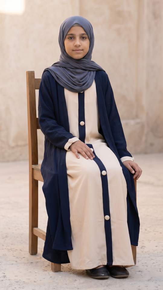 Wholesale Navy Blue and Cream Shrug Abaya for Kids with Show Buttons on the Front 